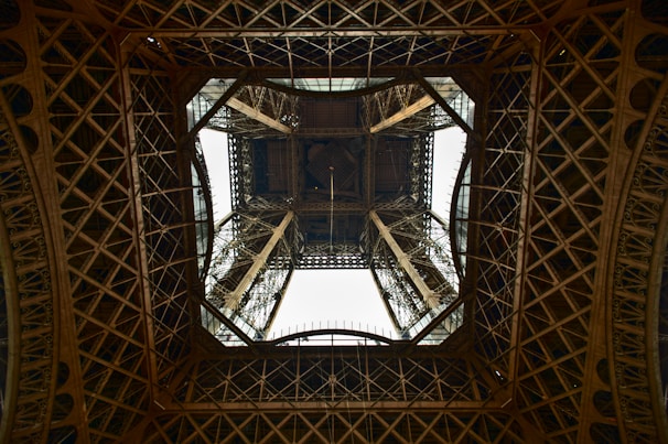 worm's eyeview photo of Eiffel Tower