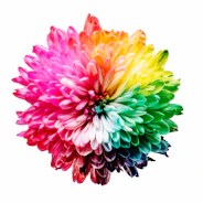 A vibrant chrysanthemum flower with petals transitioning through a full rainbow spectrum
