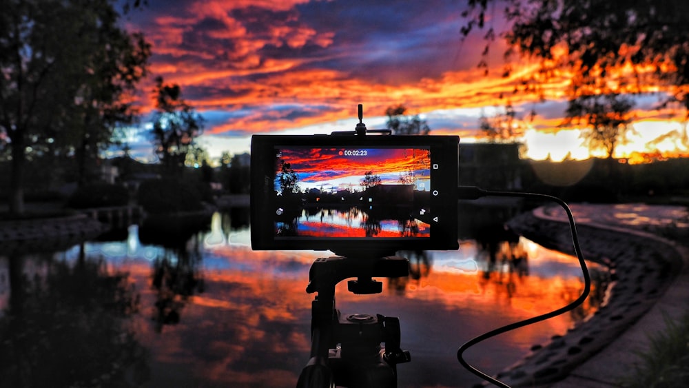 Fotografía de la hora dorada de un cuerpo de agua rodeado de árboles