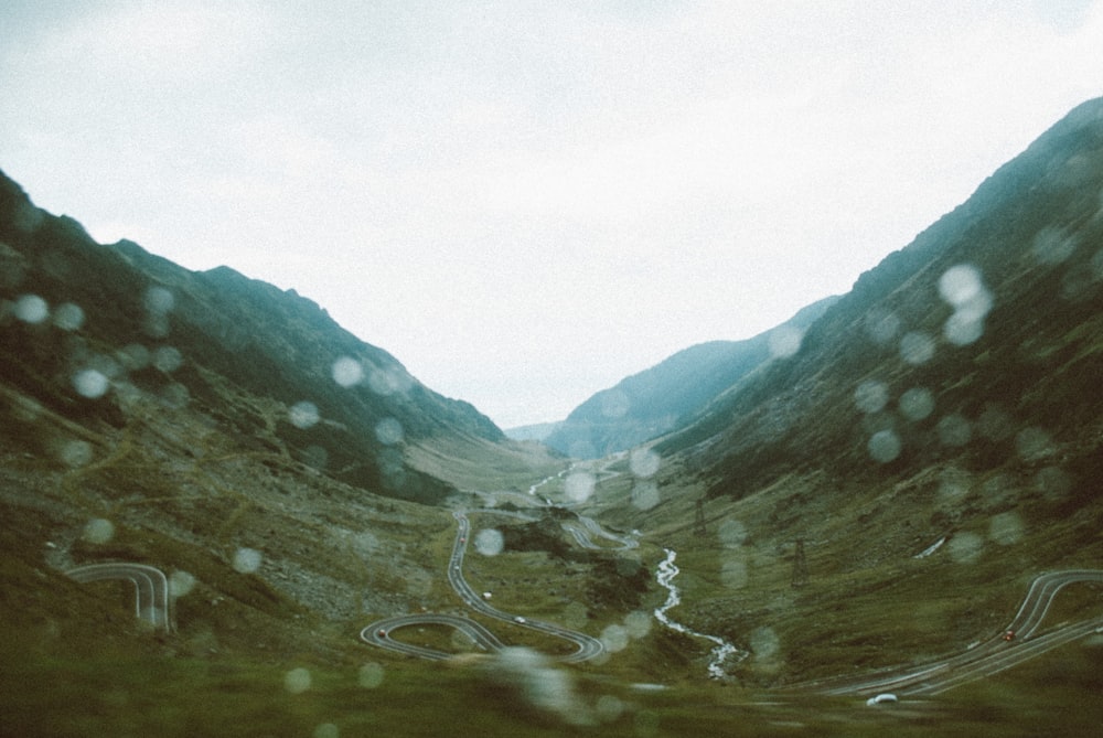 top view of road in between mountains