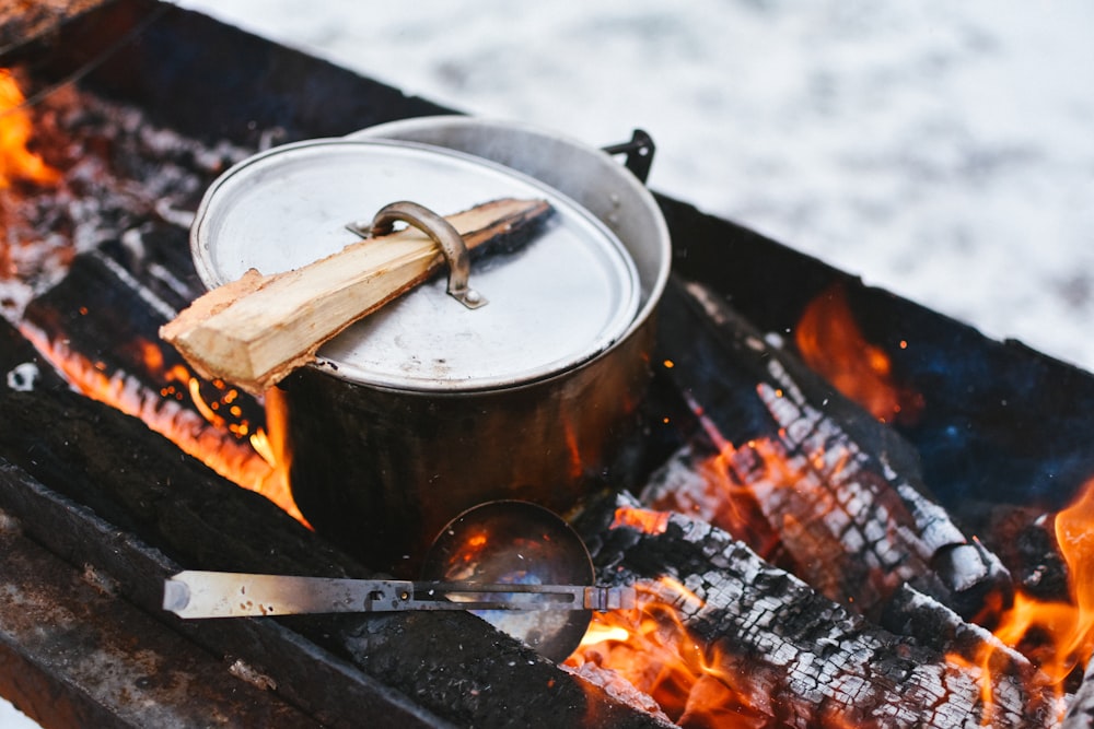 marmite en argent sur bois de chauffage