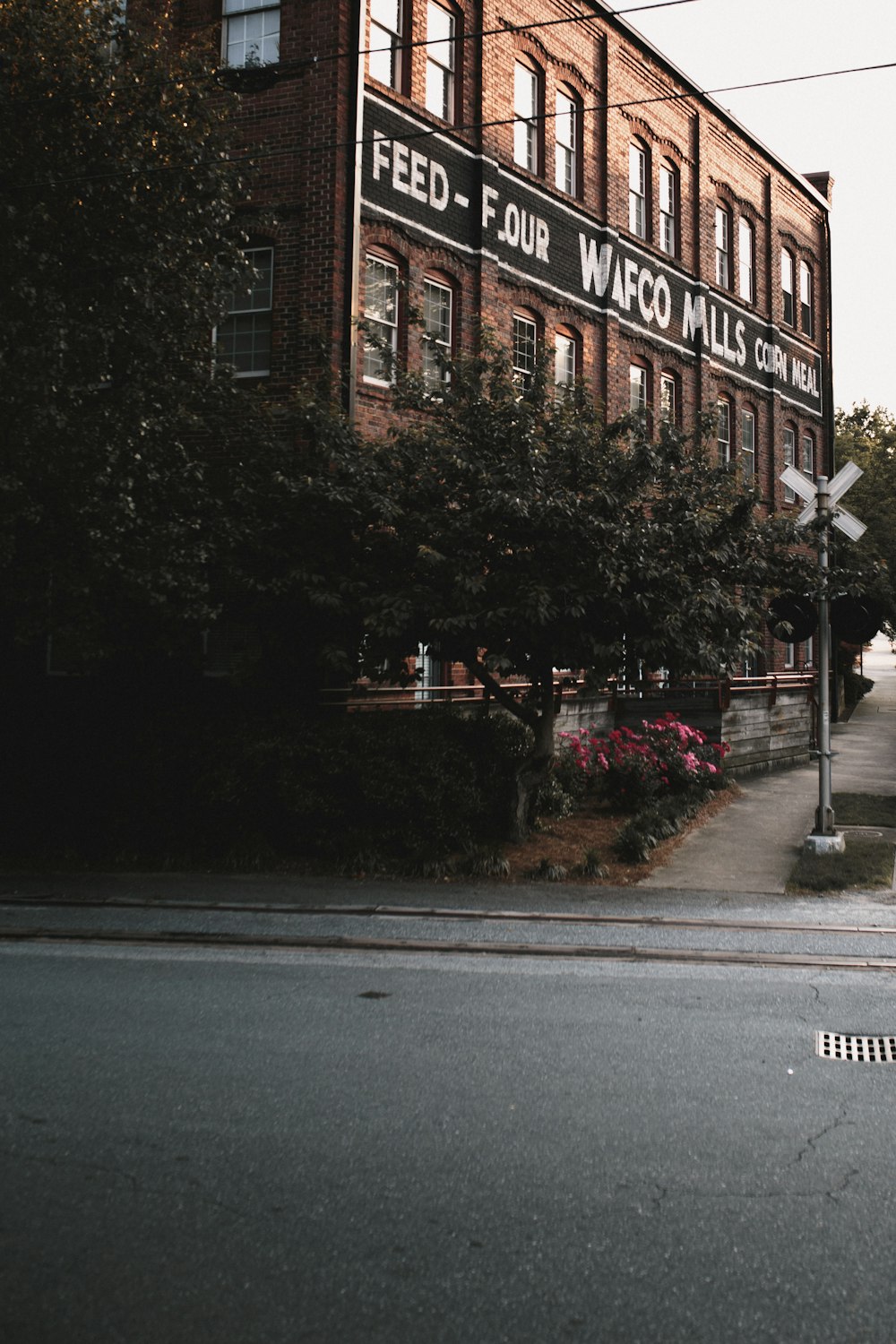 Un edificio con un letrero que dice Feed Four Waco Mills