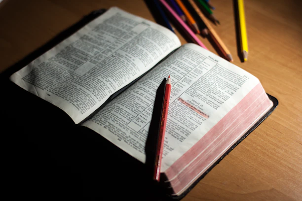 Close-up of colorful Bible-themed coloring pages spread out on a table.