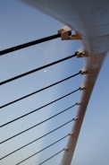 A close-up view of the structural elements of a bridge or similar architecture, featuring long black support cables attached to a large white beam, with a clear blue sky in the background.
