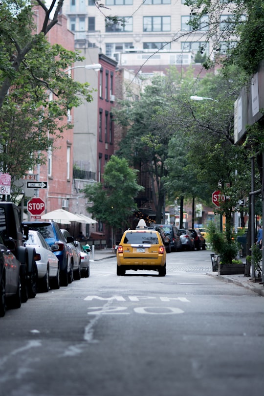 yellow taxi cab on gray concrete road top near buildings and trees during daytime in West Village United States