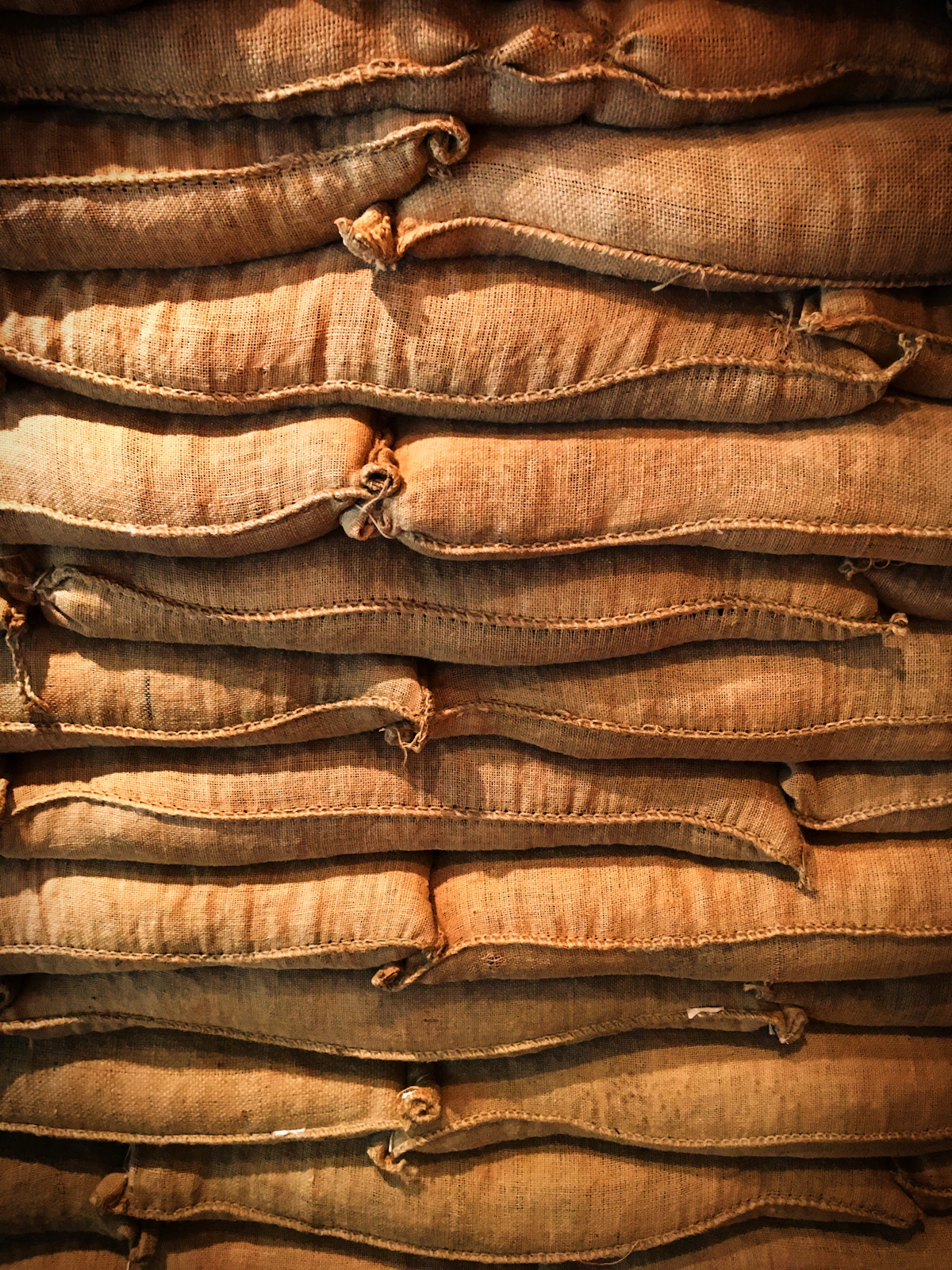 Large commercial cotton seed bags stored in bulk at a farm warehouse facility