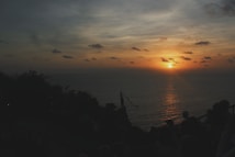 The image captures a serene sunset over the ocean, with the sun partially obscured by scattered clouds. The sky is filled with warm hues of orange and yellow, gently transitioning into cooler tones as it meets the horizon. In the foreground, silhouettes of people and foliage create a contrast against the bright sky, enhancing the tranquil ambiance.