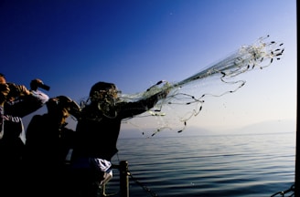 A person is throwing a fishing net into a body of water from a boat or pier, with several people around watching and possibly taking photos. The water is calm and reflects the clear blue sky above.