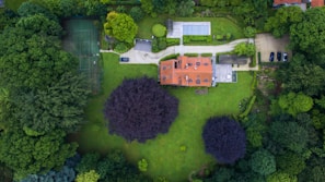 An aerial view of a large estate surrounded by lush greenery and trees. The property features a red-roofed house, a manicured lawn, a driveway with several cars parked, and a tennis court. The estate is surrounded by a dense forest, providing a secluded and tranquil atmosphere.