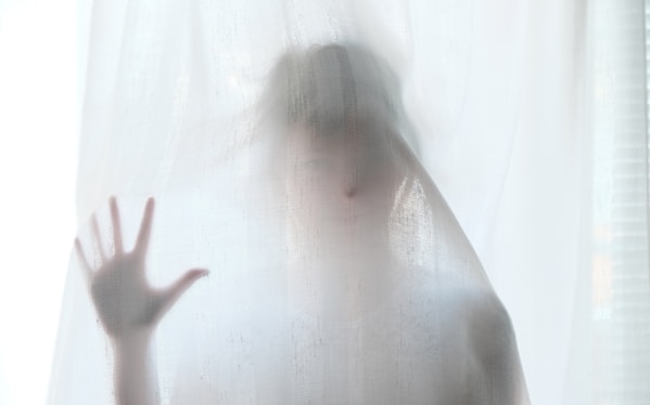 a photo of a woman pressing her face and hand into a sheer white curtain