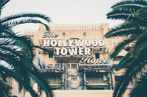 A vintage-style sign displaying 'The Hollywood Tower Hotel' is prominently featured against the backdrop of an old, slightly worn building. Palm trees frame the composition on both sides, adding a touch of greenery to the scene.