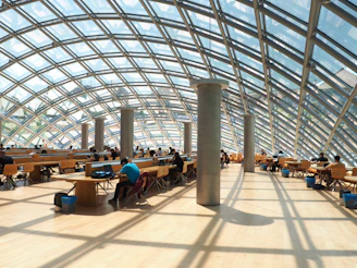 A bright, inviting common lounge area with students studying and relaxing, showcasing the welcoming atmosphere of APS Unipod.