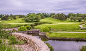 A lush golf course landscape featuring vibrant green grass, manicured lawns, and a variety of trees. A small pond is in the foreground bordered by a stone wall, and there are flowering plants adding color to the scene as well. The overcast sky provides a soft, diffused light over the entire area.