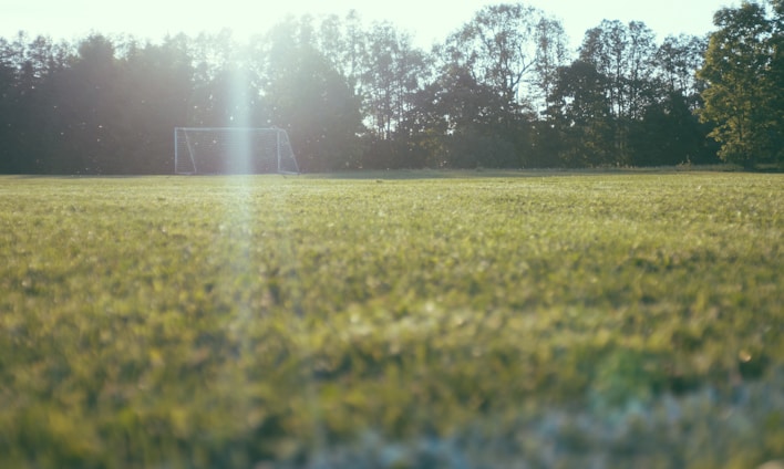 A young athlete celebrating a goal on a sunlit amateur soccer field.
