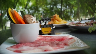 A colorful assortment of raw meat and vegetables is arranged on a plate. A small toy robot is positioned next to a cup containing bright vegetables such as carrot slices and a mushroom. The background features greenery, partially blurred.