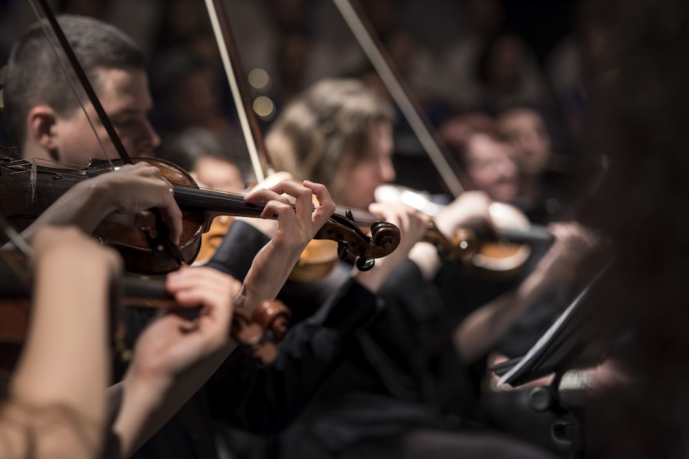 persone che suonano il violino all'interno di una stanza buia