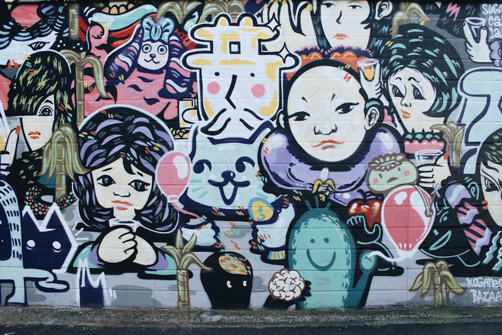 A group of cartoon characters painted on a wall mural.