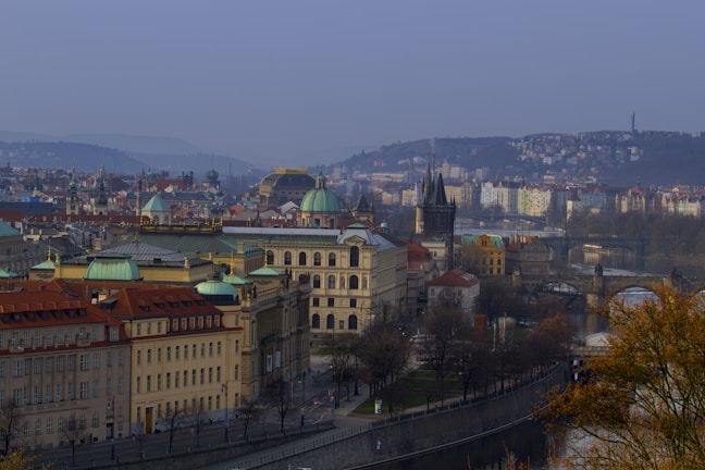 A scenic view of a historic European city skyline.