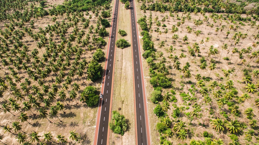 high-angle photography of road and landscape