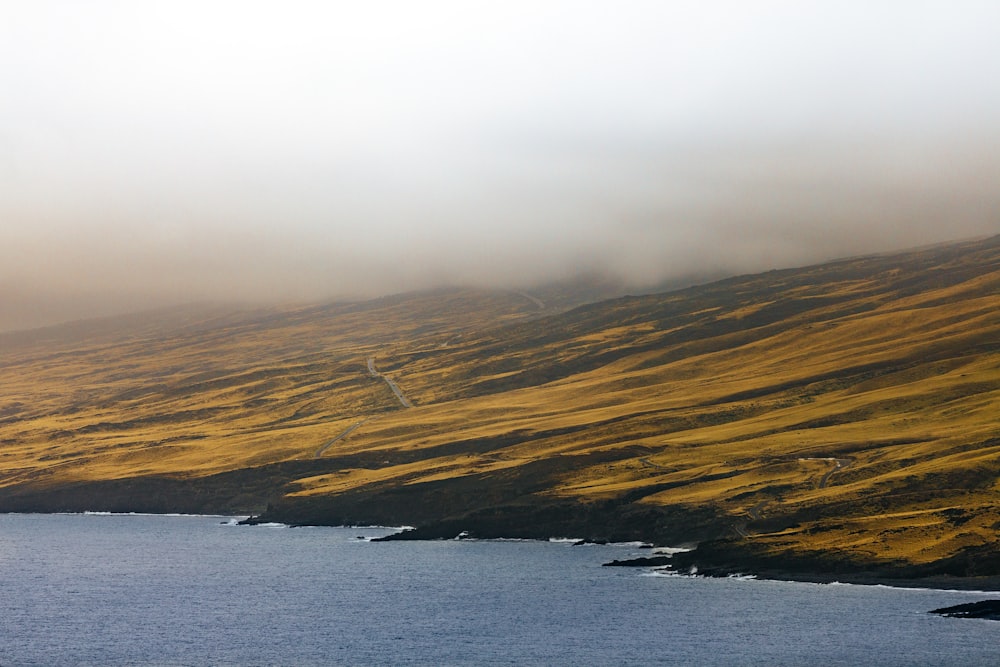 in distant photo of beach and landscape field with fogs