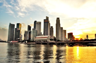 A skyline view of Batam or Jakarta at sunset, symbolizing growth.