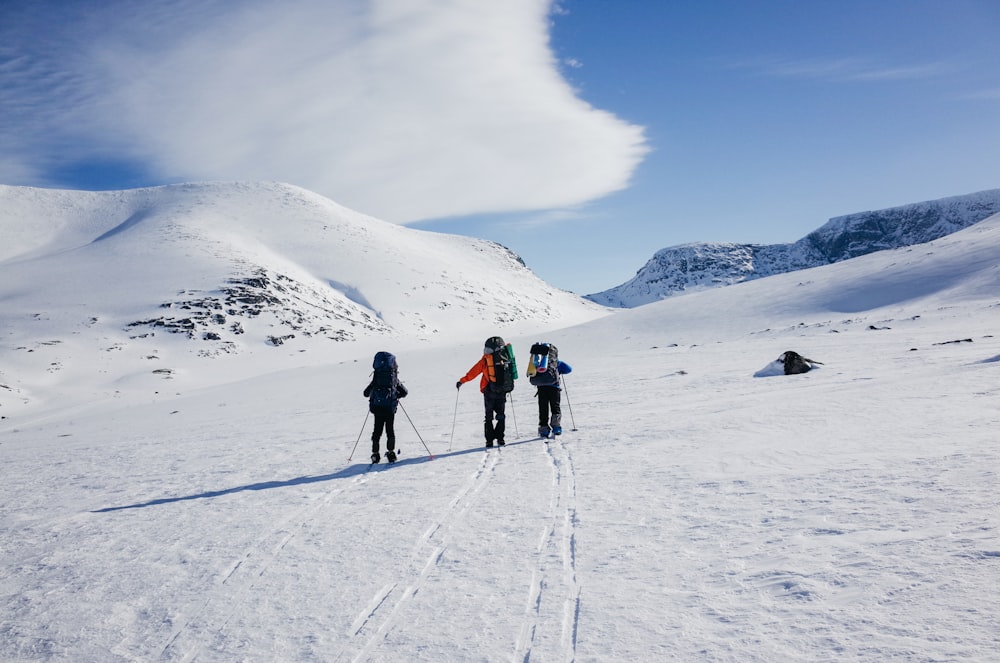 three person playing snow ski