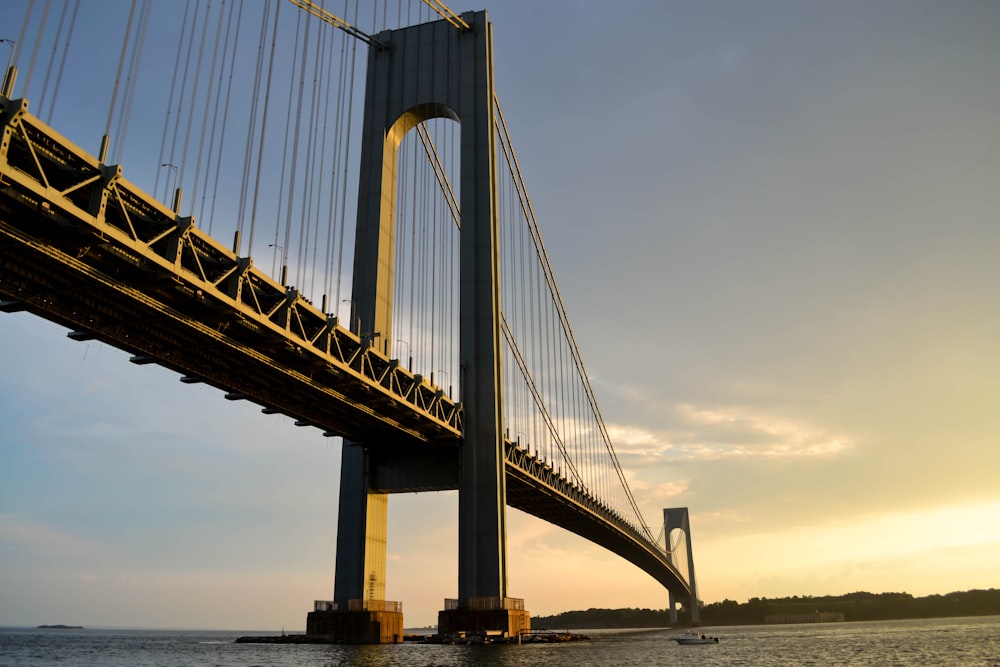 gray metal bridge across body of water