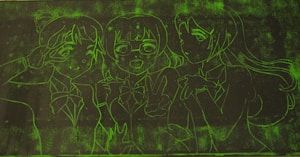 A glowing green line art depicting three anime-style characters against a dark background. The characters have distinct hairstyles and outfits, characterized by large bows at the neck. One character is making a peace sign, another is wearing glasses, and the third one has long flowing hair.