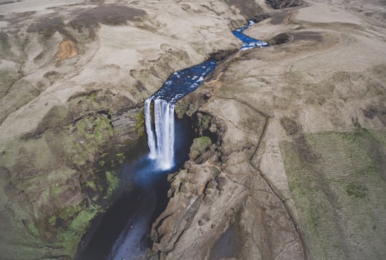 aerial shot of waterfalls in Skógafoss Iceland