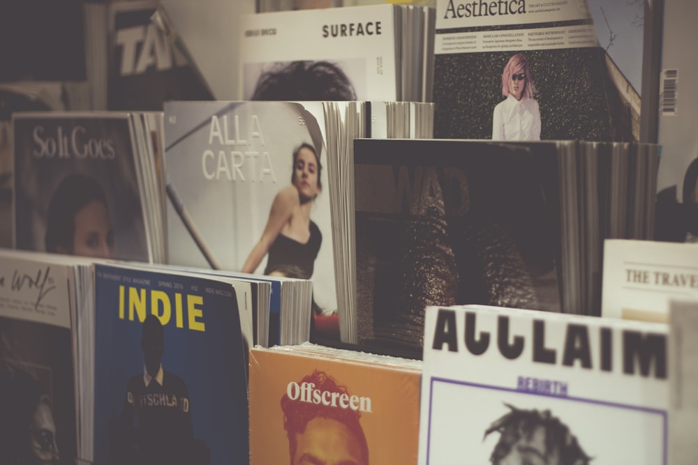 A display shelf filled with art and culture magazines
