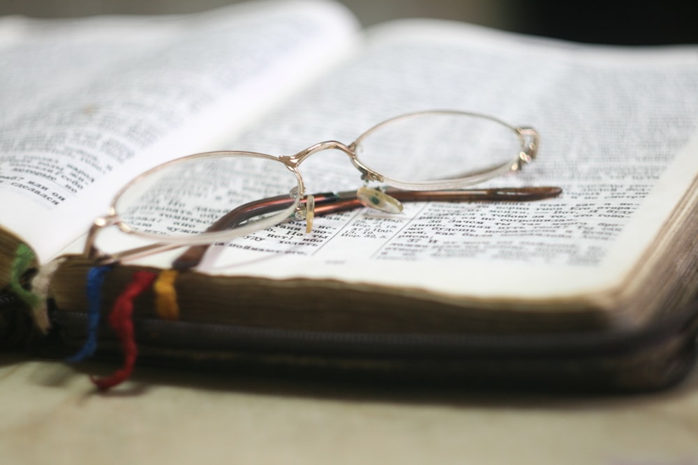 A pair of reading glasses on top of a book.