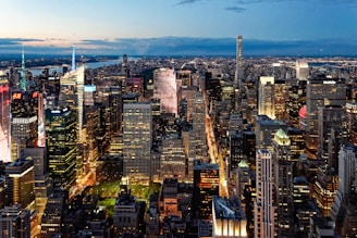 A bustling city skyline at dusk representing global investment hubs.
