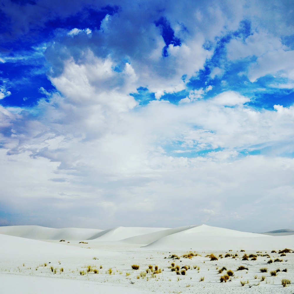 昼間の白い雲の下の白い砂漠の野原