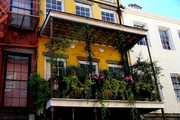 The image features a building facade with a prominent, lush balcony garden covered in green foliage and pink flowers. The building is painted in a vibrant yellow color, contrasting with the adjoining brick wall on the left and a white wall on the right. The balcony is supported by two slender metallic pillars and is adorned with a variety of plants that cascade downwards.