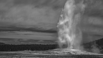 A large geyser erupts with force, shooting water and steam into the cloudy sky. The landscape is wide and flat, with a dense forest in the background and rolling hills. The sky is filled with dramatic clouds, providing a striking backdrop to the natural spectacle.