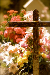 A peaceful outdoor scene with a wooden cross surrounded by blooming flowers at sunrise.