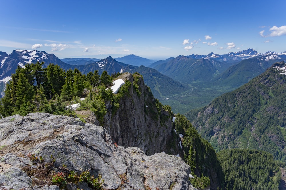 白と青の空の下に緑と茶色の山