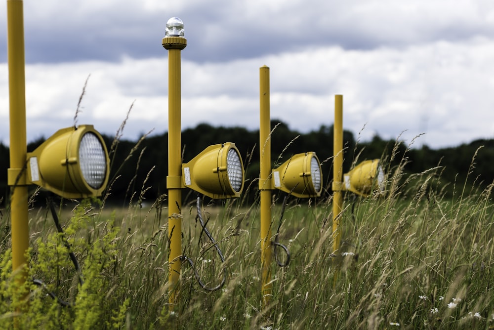 Cuatro postes de luz amarillos sobre pastos verdes