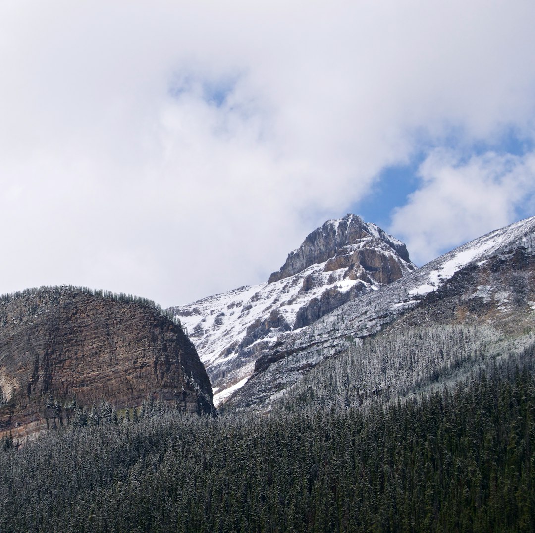 mountain range covered with snow surrounded by pine trees under white clouds during daytime