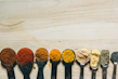 Colorful measuring spoons and cups neatly organized on a countertop.