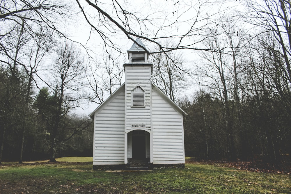 Foto de una capilla de madera blanca rodeada de árboles durante el día