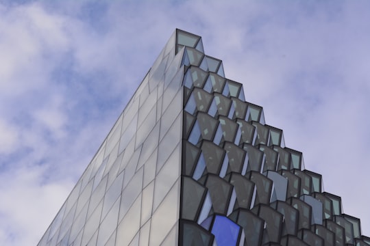 low angle photography of glass building under cloudy sky at daytime in Harpa Iceland