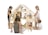 A group of children are engaged in play around a large, wooden dollhouse. The dollhouse is well-crafted with various rooms and pieces of furniture. Dolls are placed throughout, and the children appear to be interacting with the dolls and the house. The children are focused and seem to be enjoying their imaginative play. The scene is well-lit and the background is plain, enhancing the focus on the children and the dollhouse.