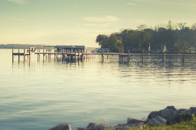 A peaceful lakeside view with a small dock and a boat gently floating on calm water.