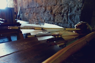 Several arrows with detailed fletching are resting on a wooden surface, with a rustic stone wall in the background. The lighting is dim, creating a moody atmosphere.