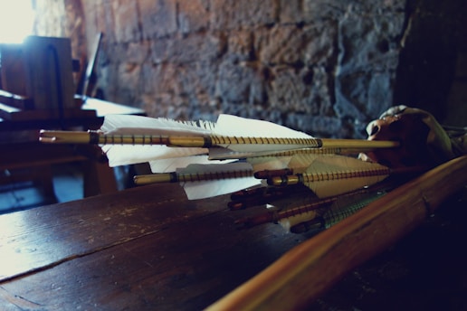 Several arrows with detailed fletching are resting on a wooden surface, with a rustic stone wall in the background. The lighting is dim, creating a moody atmosphere.