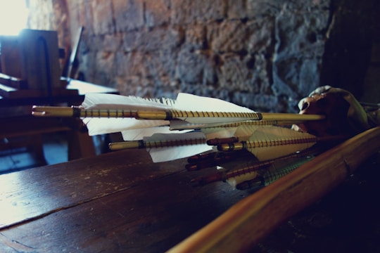 Close-up of official archery club documents neatly arranged on a wooden table.