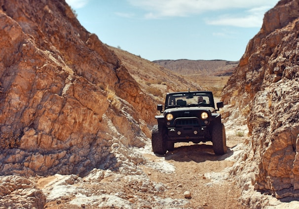 black sport utility vehicle near rock formations