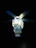 A decorative ceiling fan with a geometric, patterned light cover is illuminated against a dark background. The light has a layered design with intricate blue and gold patterns, creating a visually striking contrast with the surrounding darkness.
