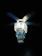 A decorative ceiling fan with a geometric, patterned light cover is illuminated against a dark background. The light has a layered design with intricate blue and gold patterns, creating a visually striking contrast with the surrounding darkness.